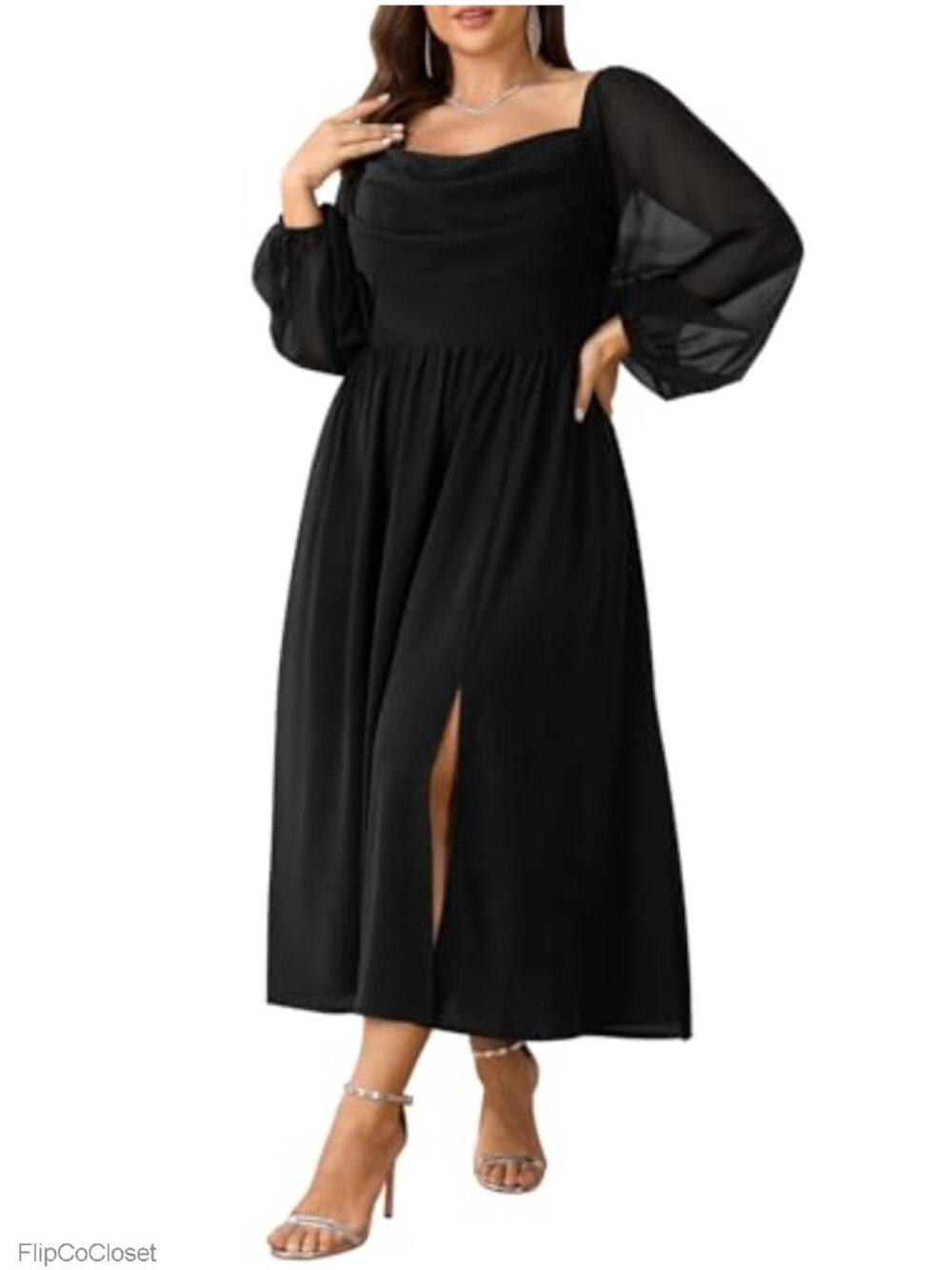 Plus Size Chiffon Long Sleeve Cowl Neck Maxi Dress with Ruched Empire Waist